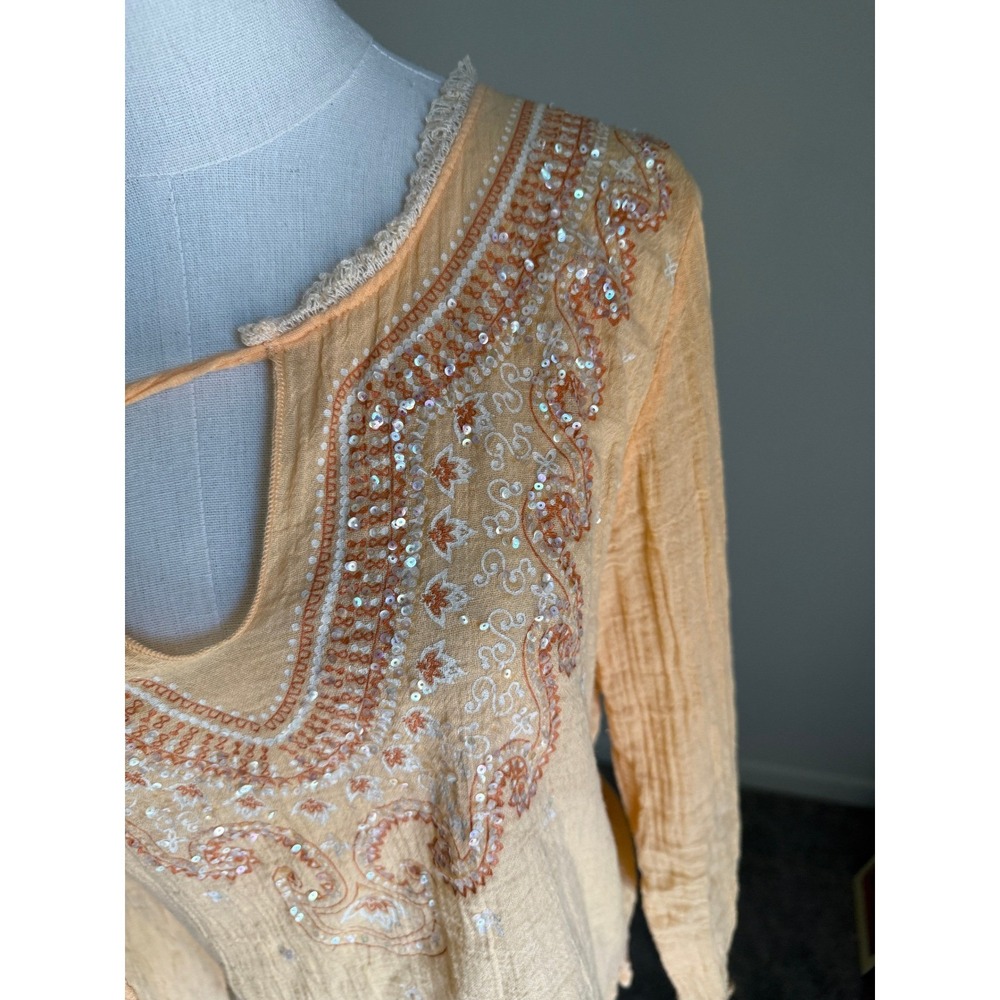 Y2K Peach Sequin Top Boho Fairy Bell Sleeve Renaissance Mallcore McBling Medium - Picture 2 of 8